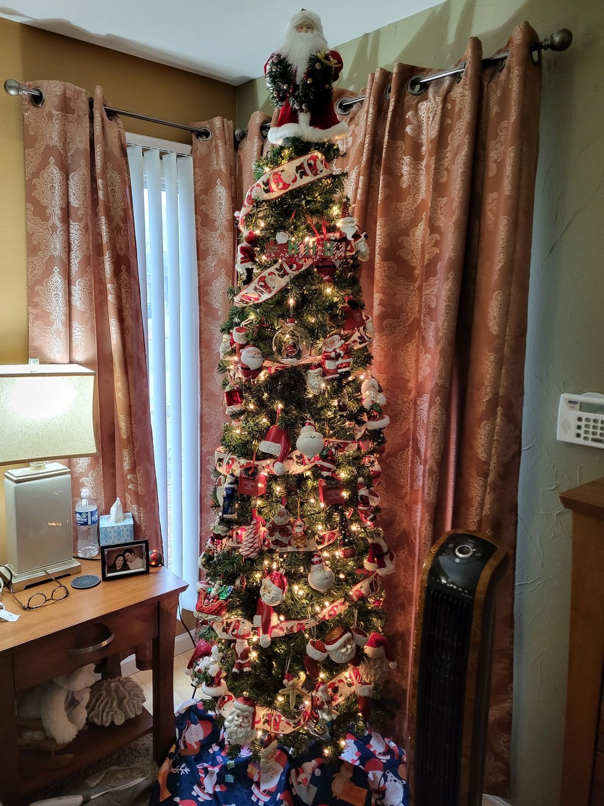 Slim Christmas tree with ribbon and ornaments beside patterned curtains