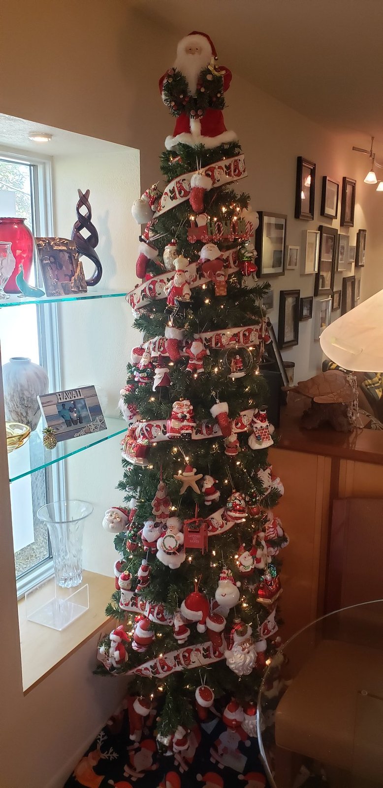 Slim white Christmas tree with pink and red ribbon beside a glass display cabinet