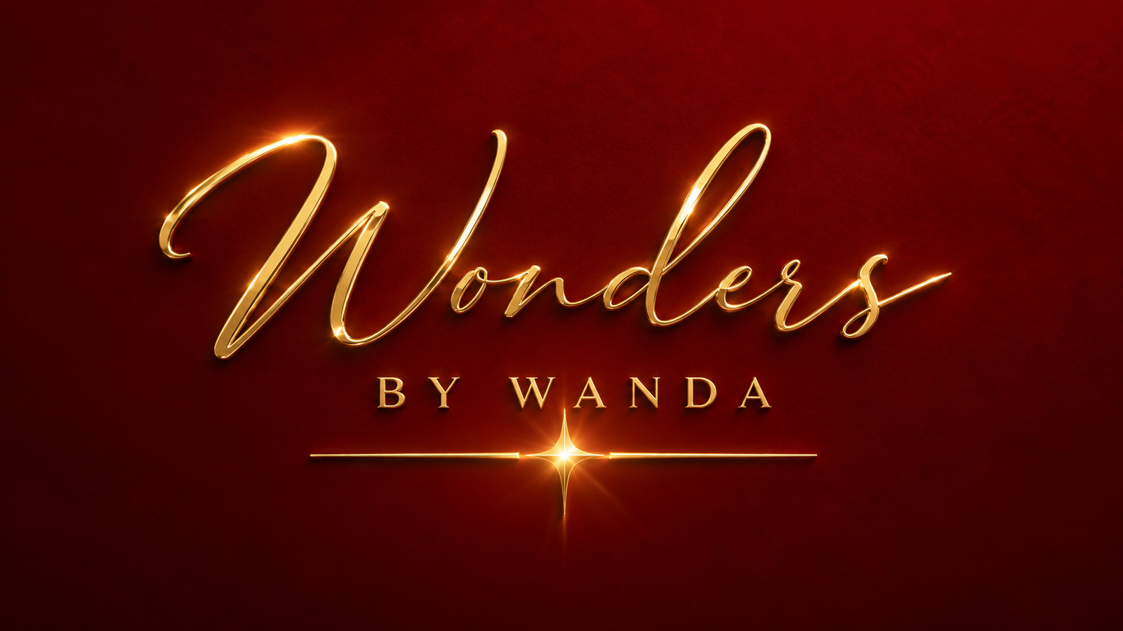 Wonders by Wanda logo, gold script on deep burgundy